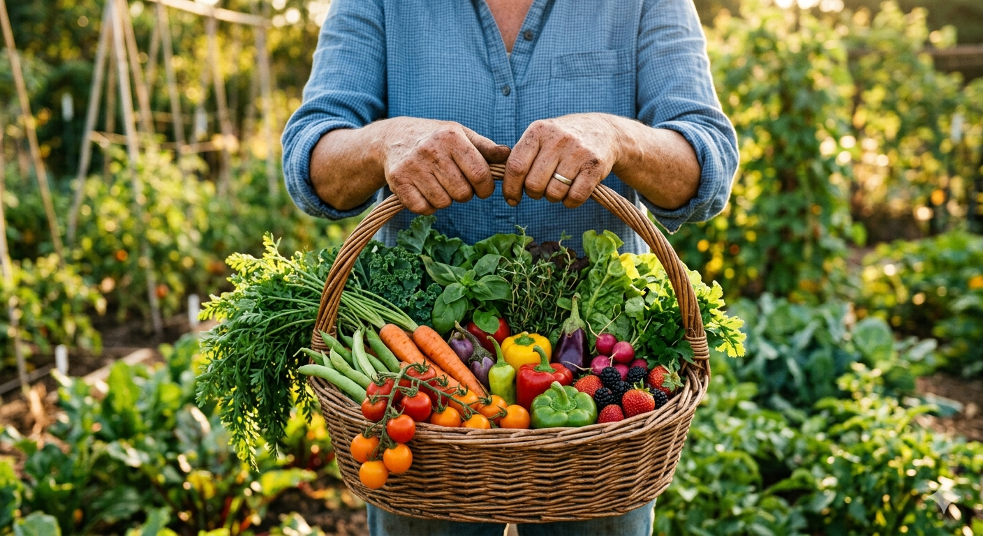Agricultor segurando cesta de vegetais frescos colhidos da horta